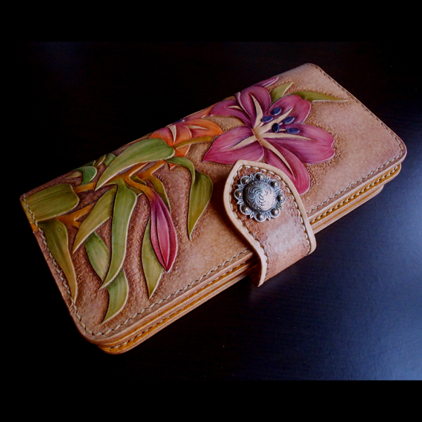 Handmade Genuine Leather Men's Bags Women's Bags Tailor-made Bull Leather Carvings of Lily Flowers Lady Straight-to-Buckle Money Clip