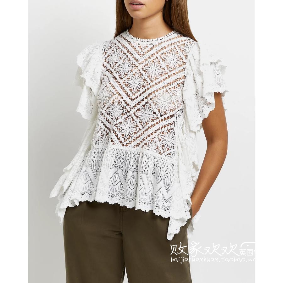 UK 03 01 Brands Women's Fashion New Spring Fashion Hollowed-out Lotus Leaf Side 100 Hitch Shirt