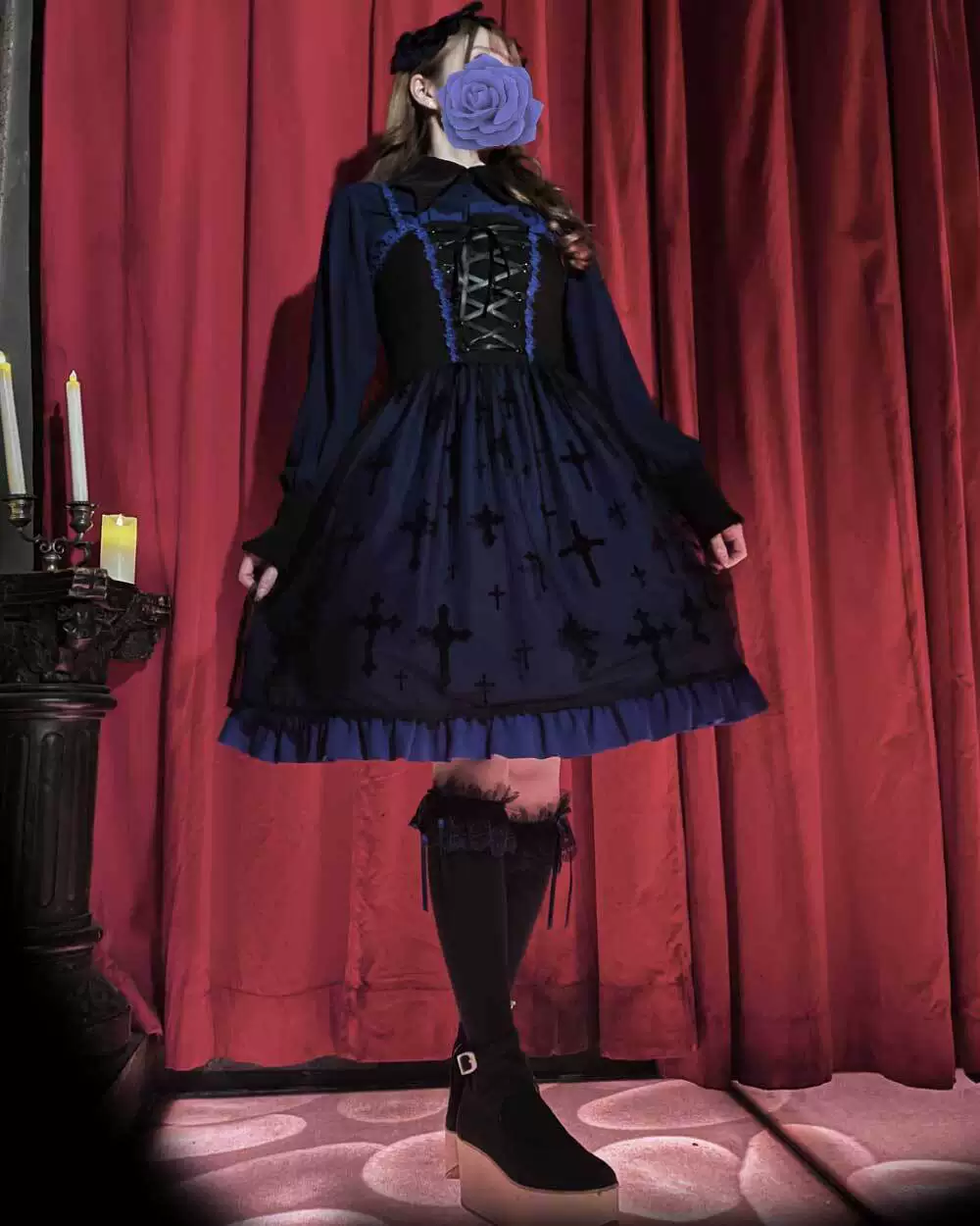 JSK (Moi-meme-Moitie) бархатное готическое lolita платье, крестовый принт, размер 9 — замеры