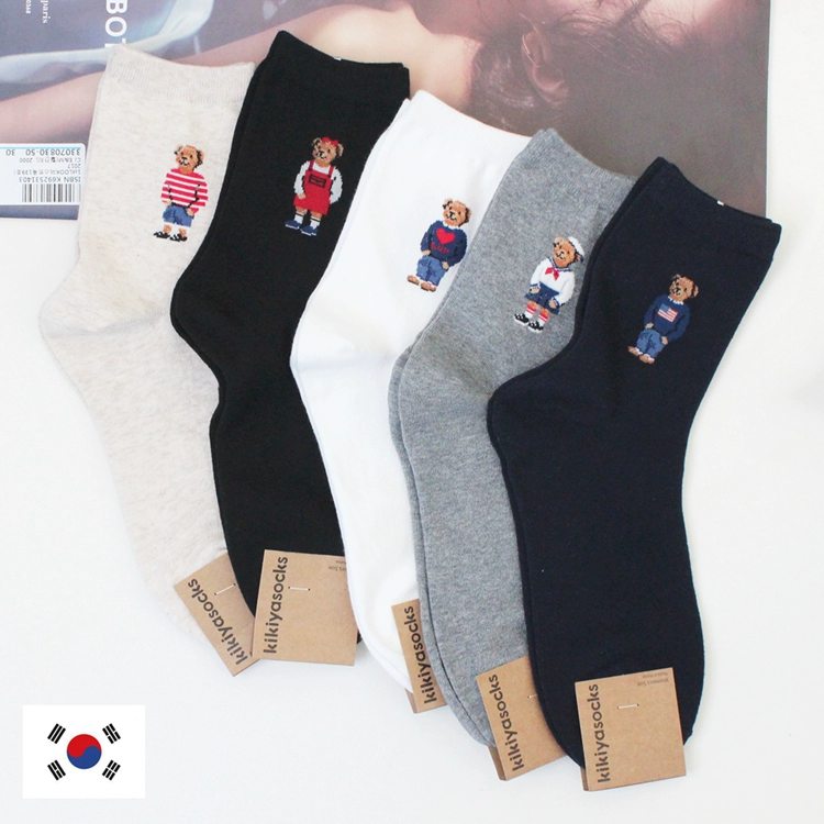 Quà tặng đóng hộp vớ nữ Hàn Quốc nhập khẩu kikiyasocks gấu nữ mô hình vớ cotton mùa thu và mùa đông phiên bản màu rắn của vớ thủy triều tất cotton nam nữ