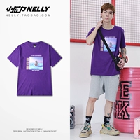 Đường phố Hàn Quốc đơn giản nhảy hip hop đường phố in cổ tròn màu tím áo thun ngắn tay nam và nữ hipster người yêu hoang dã tee áo ba lỗ nam