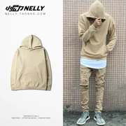 Mùa thu OVERSIZE lỏng lẻo kaki apricot áo len hoodie thân trên màu đỏ hoang dã cùng một đoạn