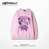 2018ulzzang graffiti thủy triều hip-hop mã lớn Châu Âu và Hoa Kỳ thả lỏng áo len cổ tròn màu hồng Nhật Bản nam và nữ hoodie đỏ