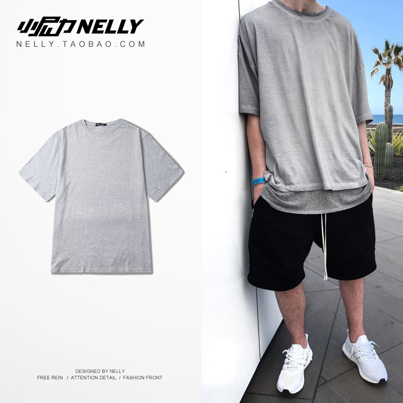 High Street Dark Half Sleeve Solid Color Drop Shoulder Men's Medium Sleeve Short Sleeve Thin T-Shirt OVERSIZE Men's and Women's Same Style Three-quarter Sleeve