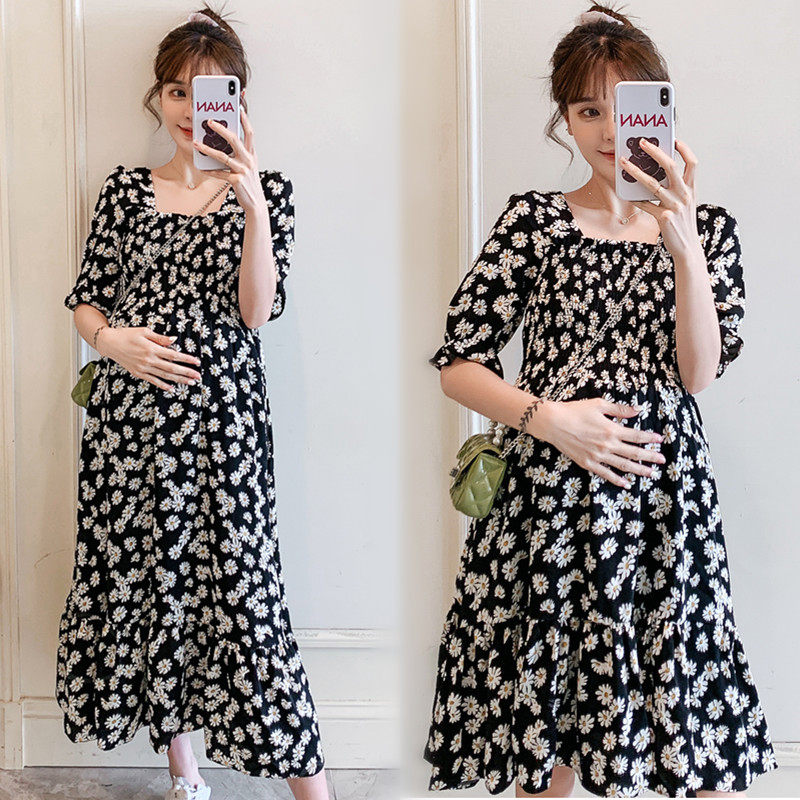 Japanese pregnant women summer dress new fashion Western style floral dress loose thin large size short-sleeved chiffon dress