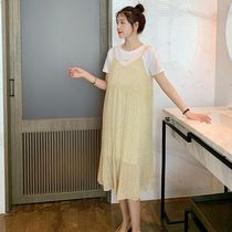 Japanese pregnant women summer dress Chiffon suspender skirt Net Red fashion suit Western style loose large size maternity dress