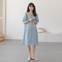 Japanese pregnant women summer dress Lace openwork long dress Fashion Western style Loose thin large size pregnant womens top