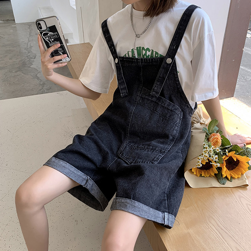 Japanese pregnant women summer suit summer thin section loose denim overalls two-piece set large size small fresh maternity dress