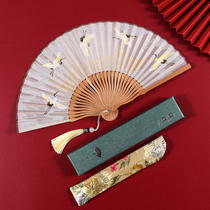  Retro wind fairy crane folding fan Childrens Chinese style portable childrens Hanfu folding fan Cheongsam small fan Summer