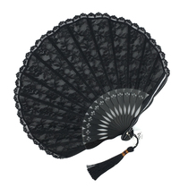 Classical embroidered lace folding fan Womens folding cheongsam fan Dance ancient style black fan Portable small round fan Summer