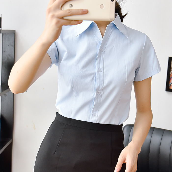 Mùa xuân và mùa hè mới nữ ngắn tay áo chuyên nghiệp mặc yếm ánh sáng màu xanh sọc dài tay áo eo văn phòng ngân hàng áo sơ mi oversize nữ tay dài