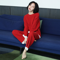 Pajamas female spring and autumn long sleeve wool wool cotton Chinese Red Wedding bride can wear autumn and winter home clothes