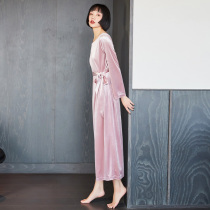 Golden velvet nightgown female spring and autumn long sleeve sexy pajamas ladies autumn and winter split conjoined home clothes can be worn long