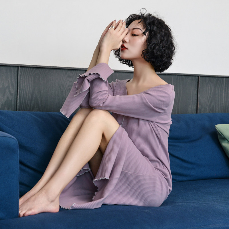 Purple nightdress women's spring and autumn long-sleeved cotton solid color sexy split mid-length version one-piece pajamas can be worn as home clothes