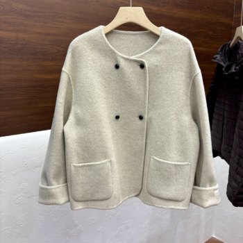 Double-sided cashmere coat women's short autumn and winter new round neck small korean style loose double-breasted woolen coat