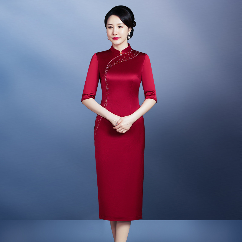 2022 new hot and drilled acetate satin improved cheongsam young Hebrides mother mother-in-law wedding dresses dress