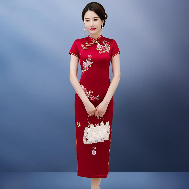New embroidered acetate satin modified qipao dress with joy mother-in-law wedding party wedding mother dress gown noble summer