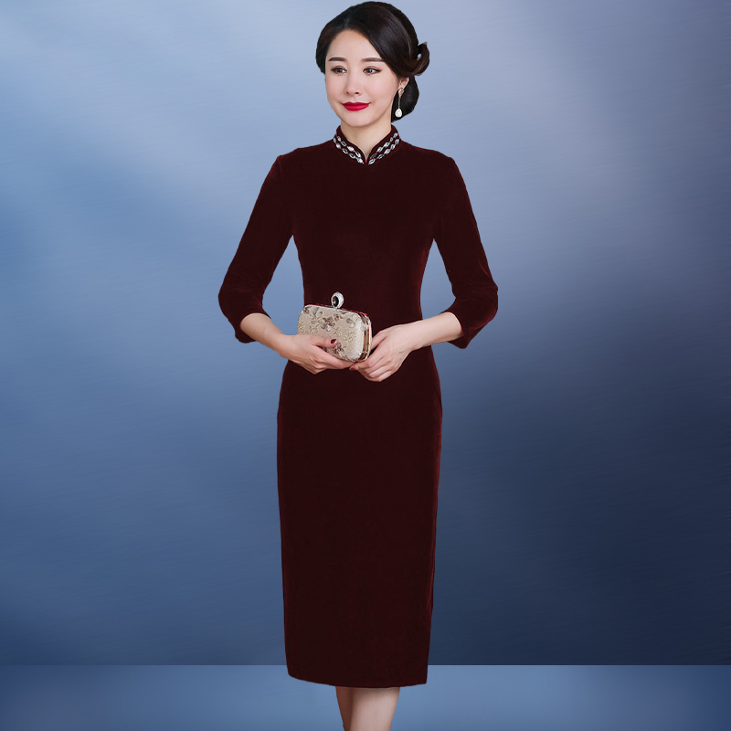 New gold velvet mid-length wedding mother's dress happy mother-in-law wedding dress daily improvement cheongsam dress
