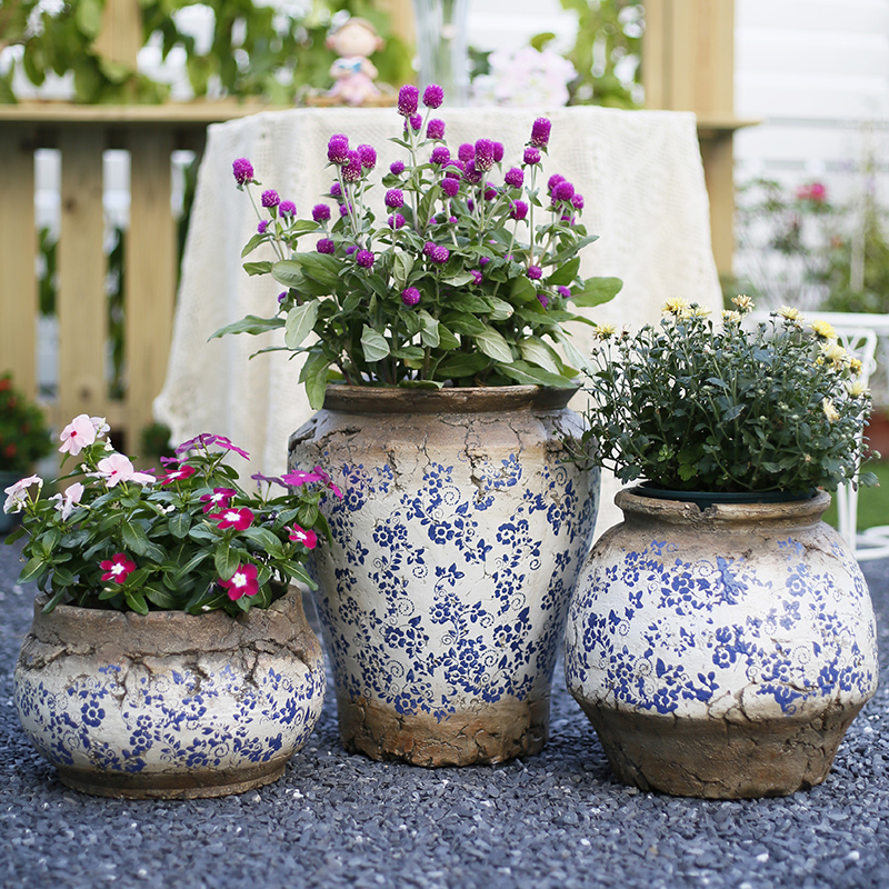 Blue and white porcelain creative flowerpot ceramic large-caliber courtyard balcony layout decoration succulent rough pottery purple sand large clearance