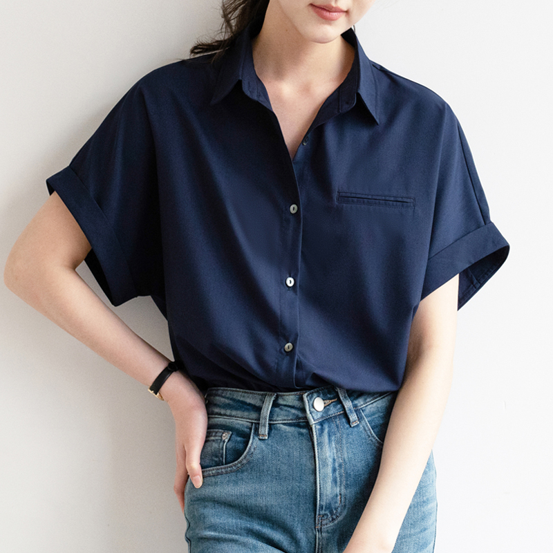 Dark Blue Shirt for Women, Stylish, Practical, Versatile, Loose, Casual, Fashionable, Short-Sleeved, Wrinkle-Resistant, Comfortable Shirt for Women in Summer Dark Blue Shirt for Women, Stylish, Practical, Versatile, Loose, Casual, Fashionable, Short-Sleeved, Wrinkle-Resistant, Comfortable Shirt for Women in Summer