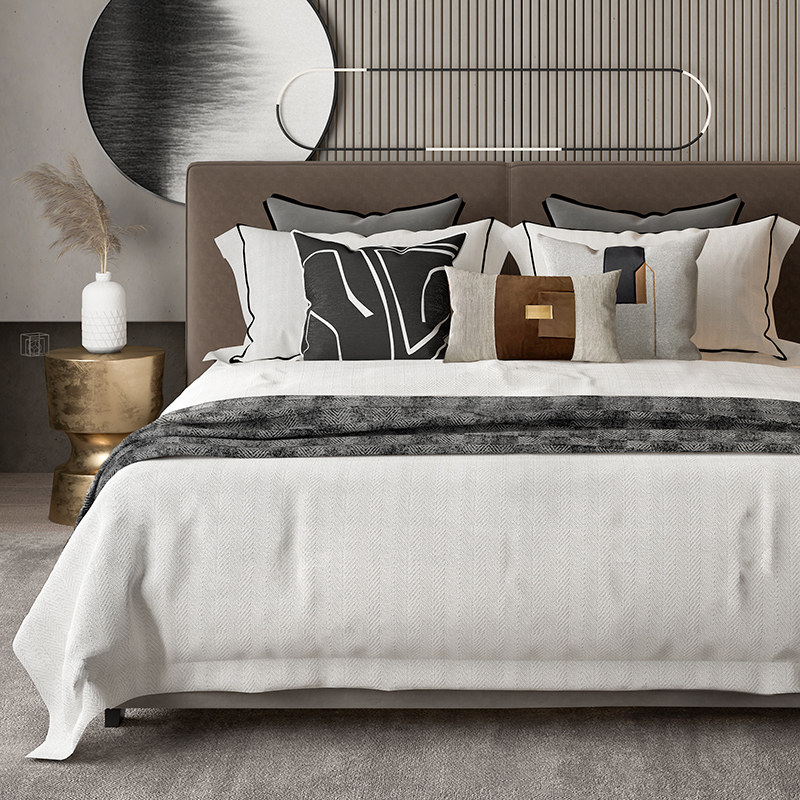 Light luxury model room bed sample House Display Center Villa soft decoration abstract black and white gray modern simple model room bedding