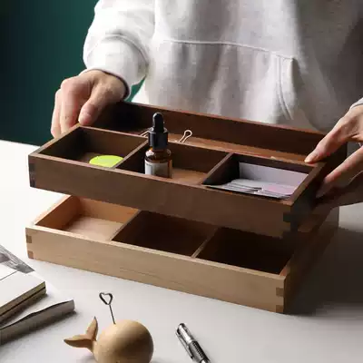 Japanese-style desktop storage box Entrance storage black walnut solid wood office wooden grid sundries key plate stationery box