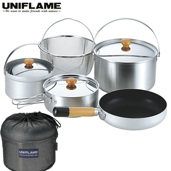 Spot Japan direct mail UNIFLAME fan5DX outdoor set pot kitchen utensils camping stainless steel pot frying pan