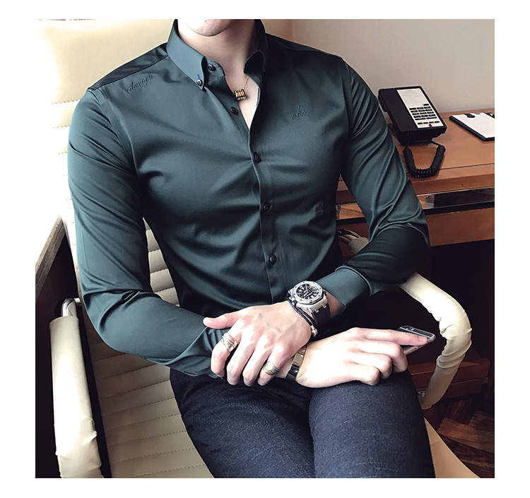 Cộng với áo nhung thêu mặt sáng, áo thun co giãn không co giãn, áo dài tay xu hướng satin màu trắng cotton không thấm nước nam các kiểu áo công sở de thương