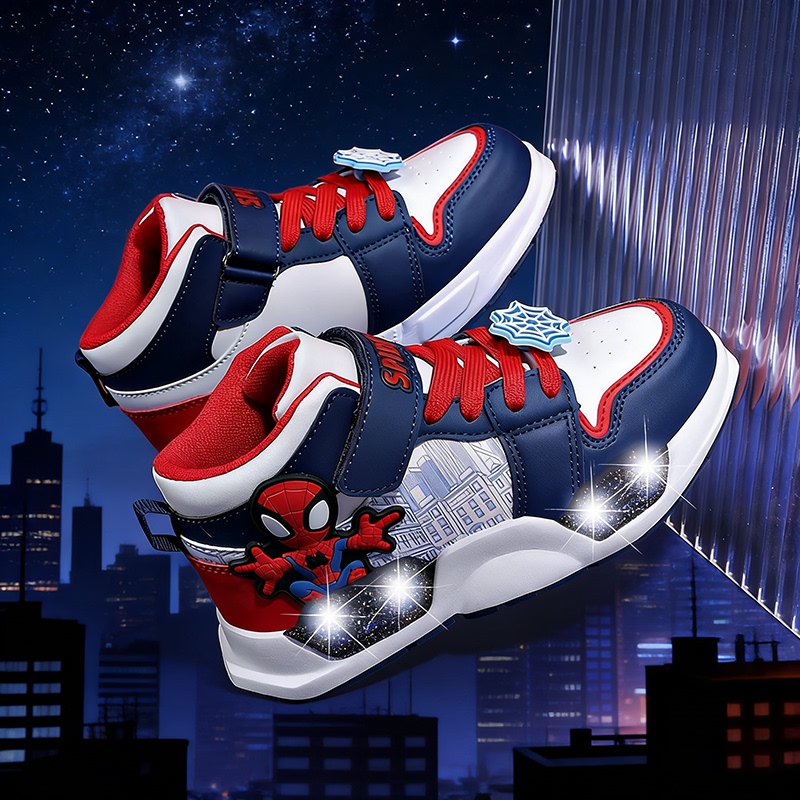 2026 Foreign Trade Spring and Autumn Cartoon Spider-Man Children's Sports Shoes Flashing Light Shoes Boys' Luminous Shoes High-Top Non-Slip Shoes
