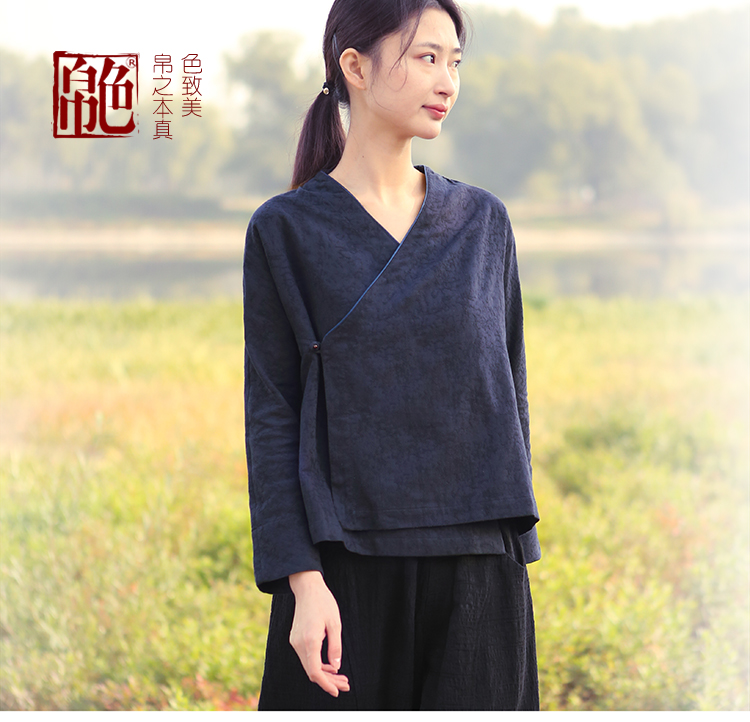 Kiểu Trung Quốc xiên khóa nút hàng đầu phụ nữ đoạn ngắn mùa xuân và mùa thu Zen retro áo sơ mi nữ thoải mái tay áo cotton hoang dã - Áo sơ mi áo sơ mi công sở đẹp