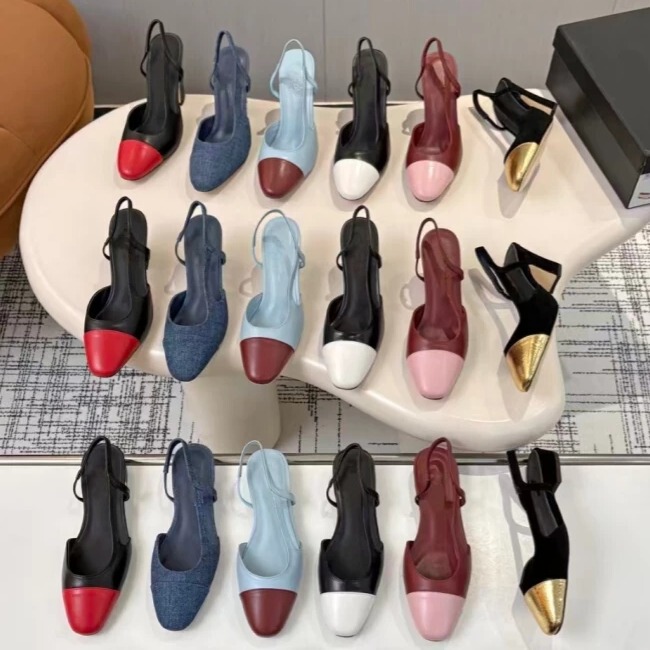 High-Quality 26 New Style Chanel-Inspired Color-Blocked Closed-Toe Backless Genuine Leather Flat Sandals for Women with Chunky High Heels in New Colors