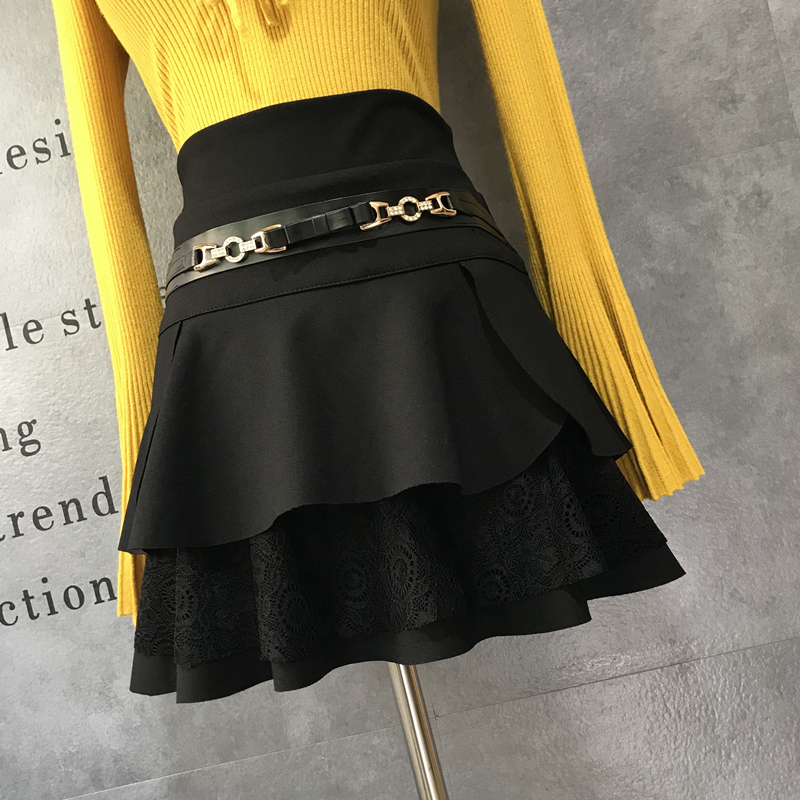Skirt Spring Women's New Elastic Waist Lace A-line Cotton Slim Multi-layer Cake Skirt Black Lining Skirt