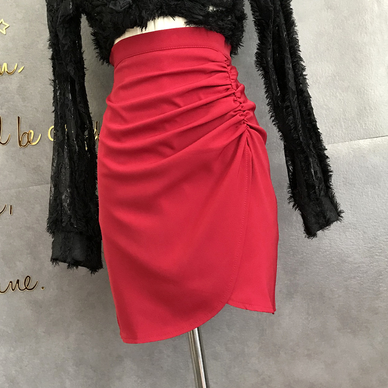 Pleated slit sexy package skirt skirt women's summer micro-elastic high waist breathable irregular asymmetric short skirt