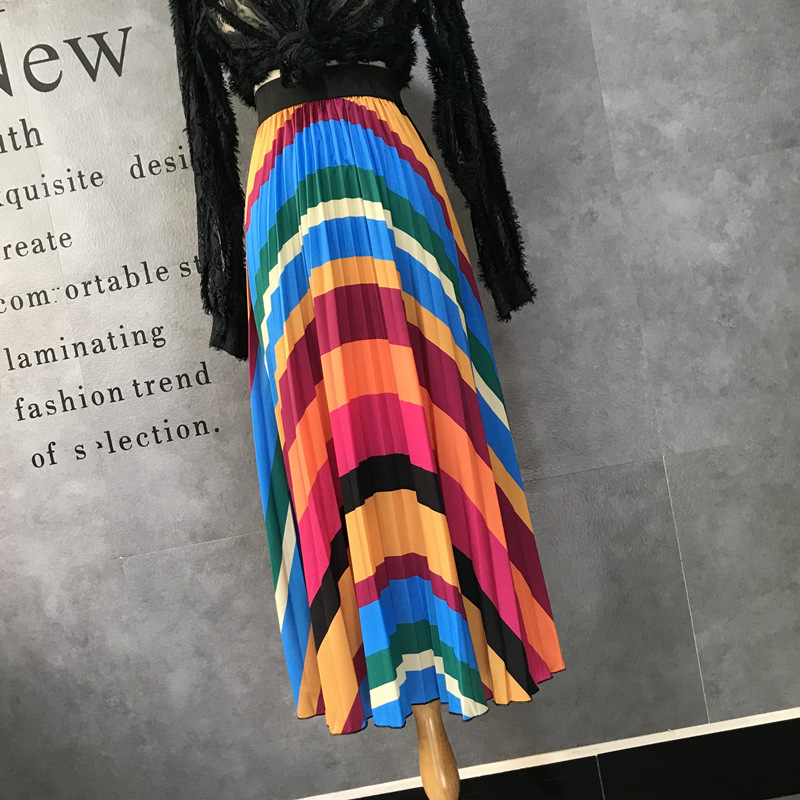 Flower color skirt women's summer new elastic waist a-line pleated skirt black fairy temperament drape long skirt professional boutique