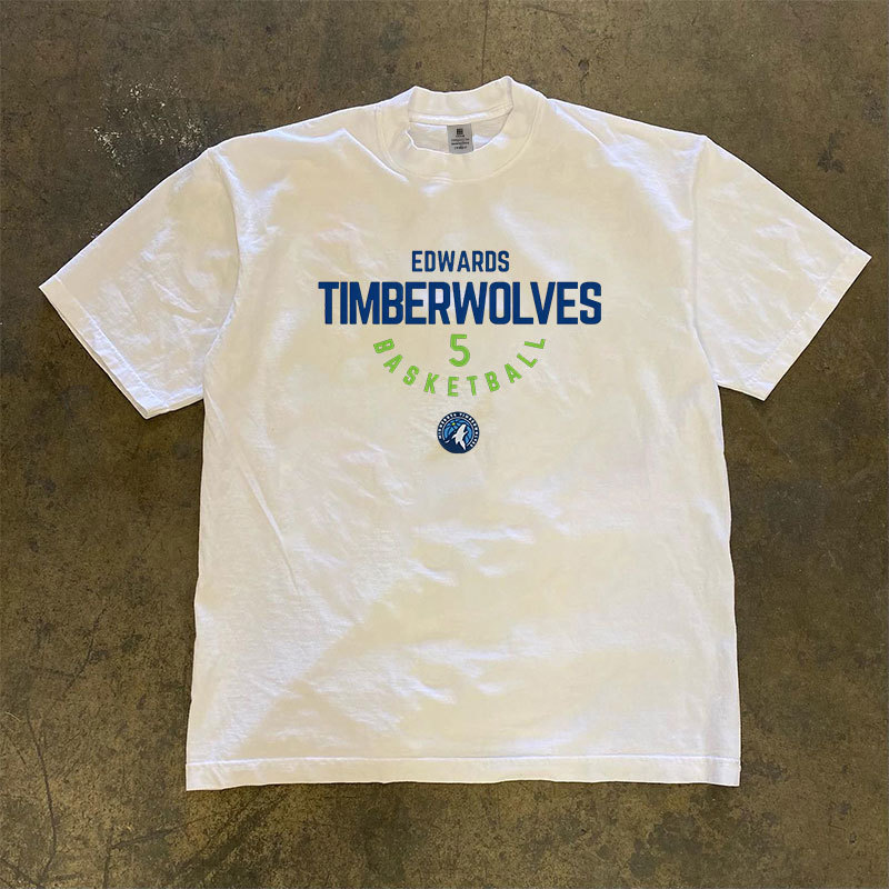 Minnesota Timberwolves Edwards No. 5 Jersey Basketball Short-Sleeved T-Shirt Men's Trendy Brand 260g Heavyweight Pure Cotton Training Top