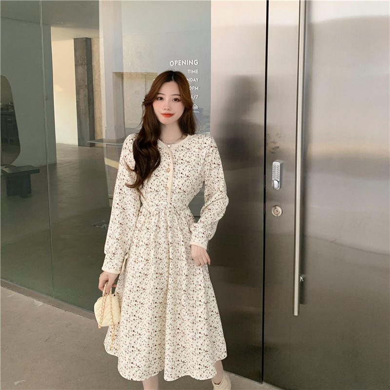 Real price floral dress French retro Long Sleeve Dress