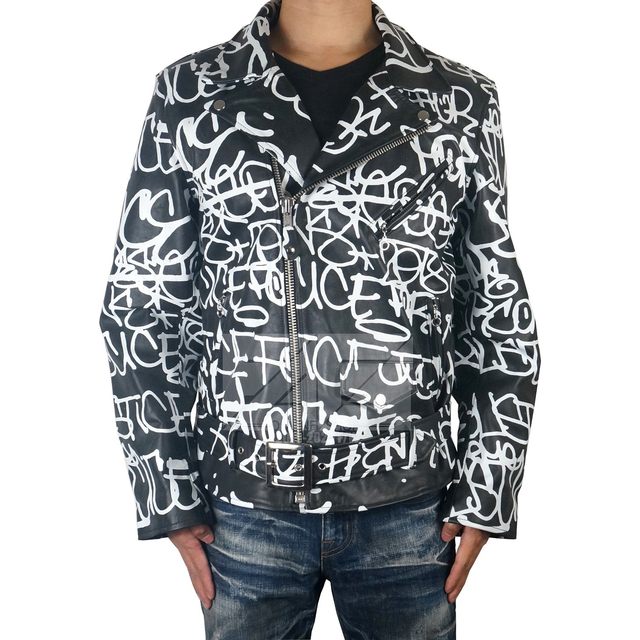 Graffiti hand-painted wind bike jacket leather cowhide black and white abstract diagonal zipper American version large Graffiti