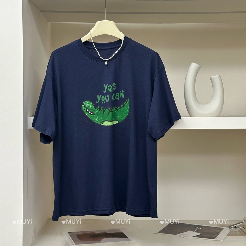 Muyi Korean-Style Design Cartoon Print Short-Sleeve T-Shirt for Women, New Slim-Fit Versatile Top with Crocodile Print Short Sleeves