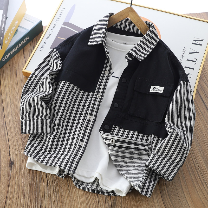 Boy shirt jacket Spring autumn season new CUHK Scout handsome striped phase spell children's casual pure cotton long sleeves thin-Taobao