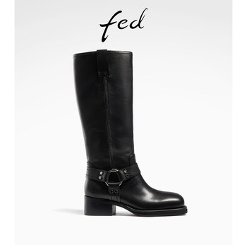 Fed full head layer cowhide autumn and winter women's shoes retro genuine leather thick heel boots women's high boots western boots knight boots women
