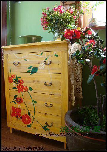 (Yesterday's country)At that time flower hand-painted four-drawer cabinet Vintage country pastoral chest of drawers custom