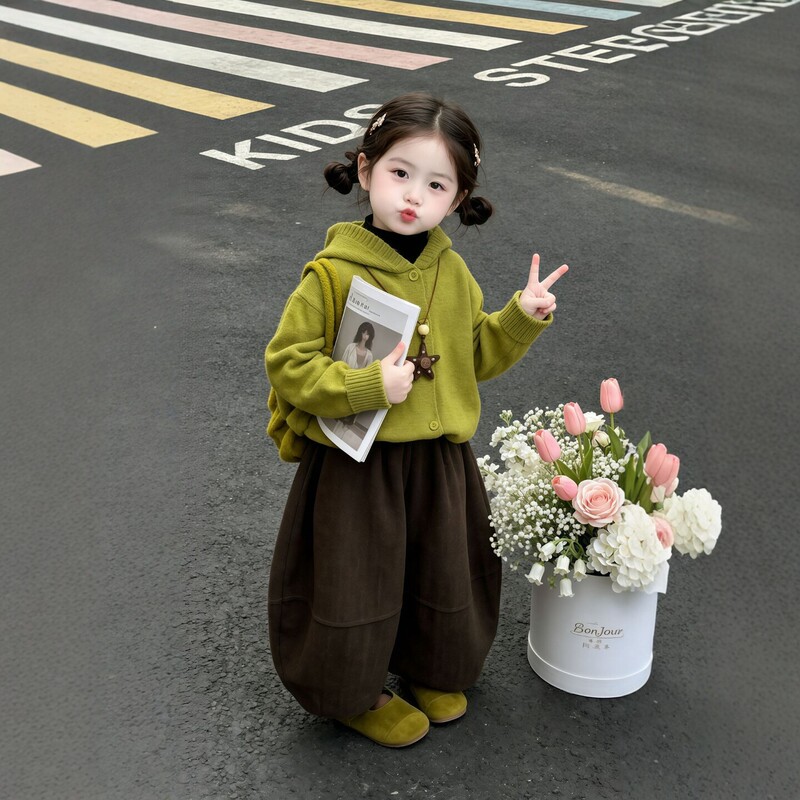 Girls' Hooded Knitted Cardigan 2026 Autumn New Children's Green Coat Baby's Stylish and Flattering Sweater Jacket