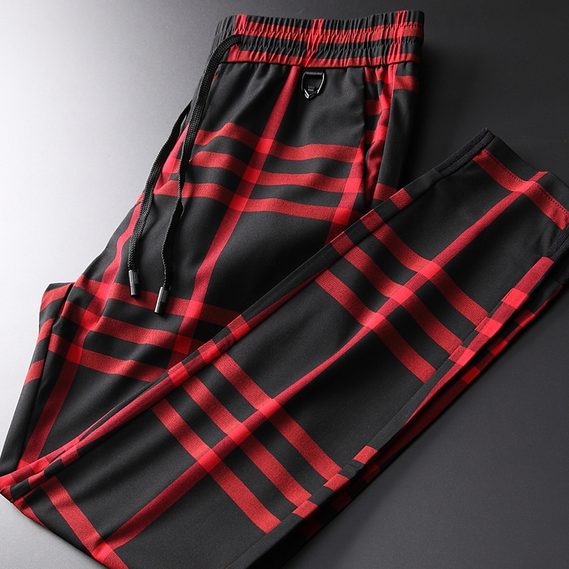 D summer new breathable contrast color thin plaid pants men's light Jane European trend loose pipe pants