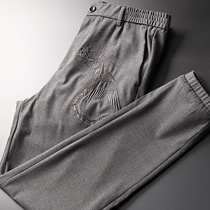 D Cotton creative Chinese style dragon embroidery closed casual pants all-match handsome slim-fitting pants men