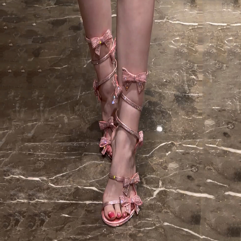 2026 New Style Open-Toe Rhinestone Bowknot Snake-Shaped Winding Satin Strap Sandals Fairy-Style Thin Heel High Heels
