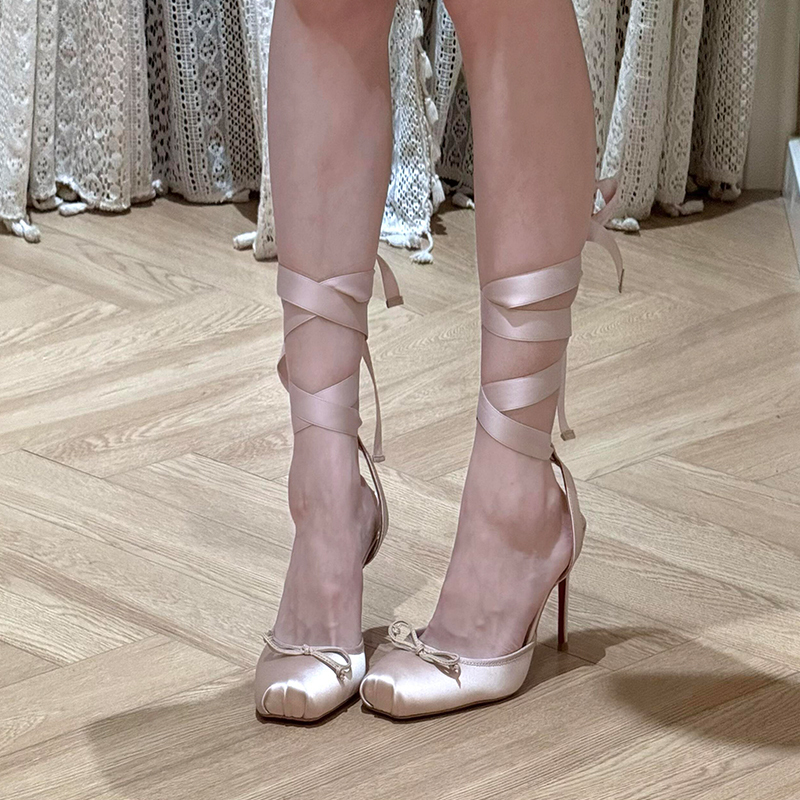 2026 New Style Square-Toe Shallow Bow Satin Cross-Strap Ballet Sandals Fairy-Style Thin-Heeled High Heels