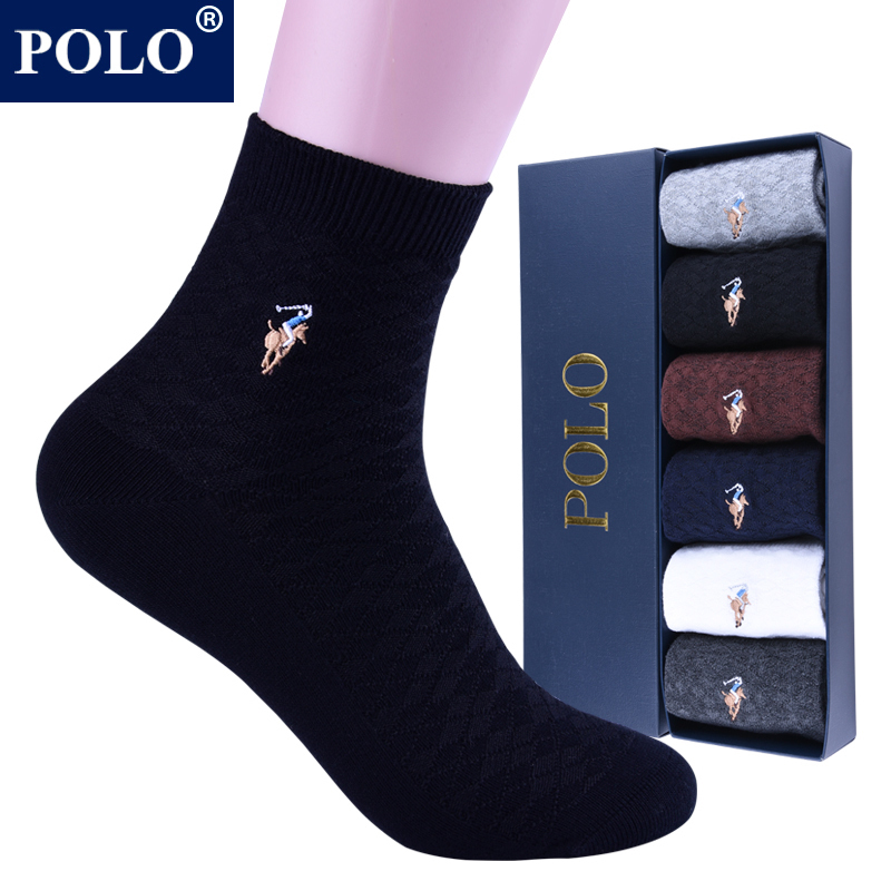 Polo New Solid Color Socks Men's Mid-Calf Sports Autumn and Winter Men's Cotton Socks Pure Cotton Deodorant Sweat-Absorbent Black Business Socks
