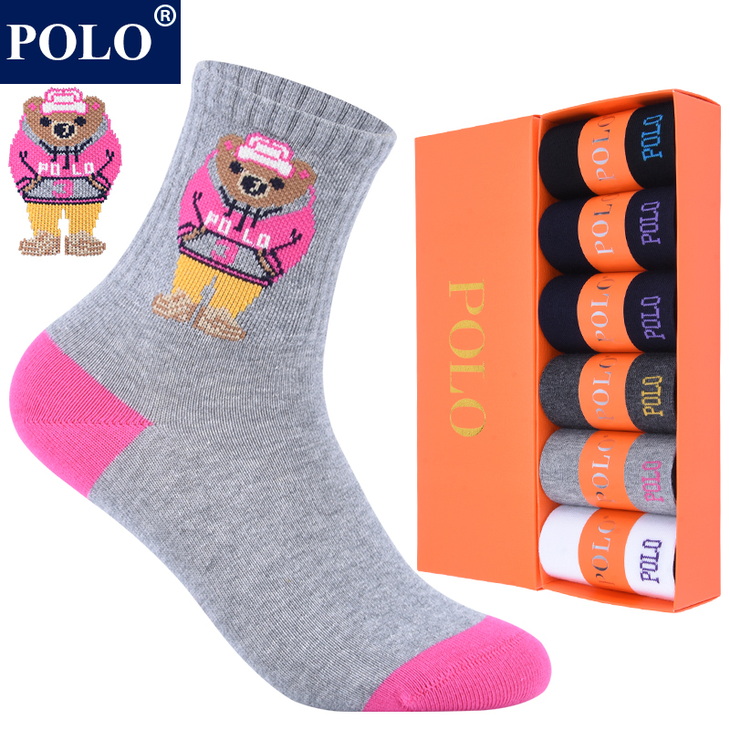 Polo Socks Women's Mid-Calf Socks Autumn and Winter Pure Cotton Anti-Odor Cartoon Ins Trendy Sports Warm Women's Versatile Long Socks