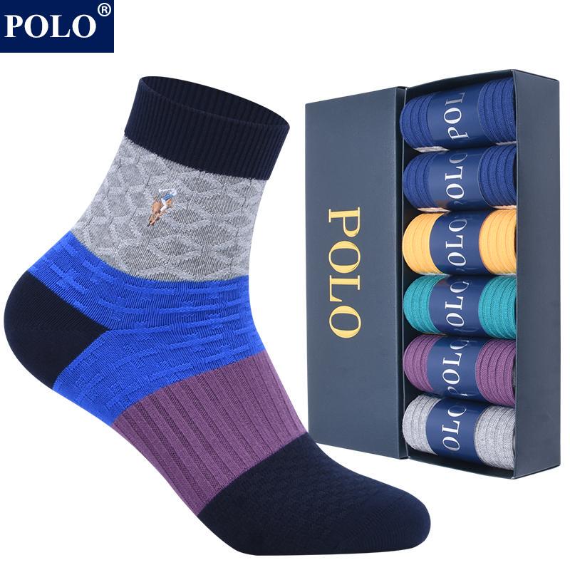 Polo Socks Men's Pure Cotton Mid-Calf Socks Autumn and Winter Thick Deodorant and Sweat-Absorbent High-End Stripesd Boneless Stockings Gift Box