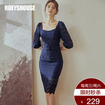 Luo Yi retro square collar embroidered dress New temperament dark blue seven-point sleeve lace-up slim skirt 02497